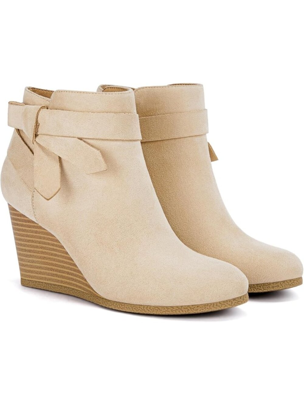 Women's Beige Wedge Booties Fall Ankle Boots Tie Knot Stacked Heeled Side Zip